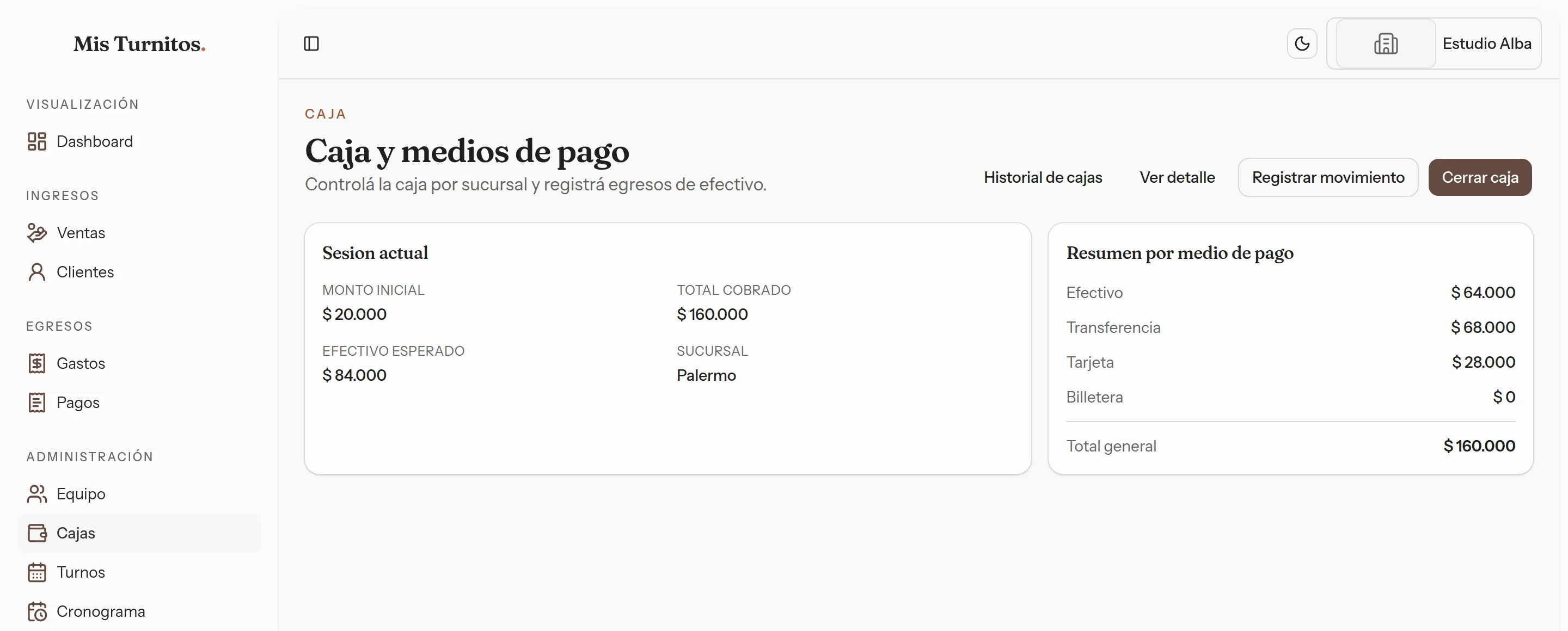 Pantalla de caja de Mis Turnitos con la sesión actual y el resumen por medio de pago