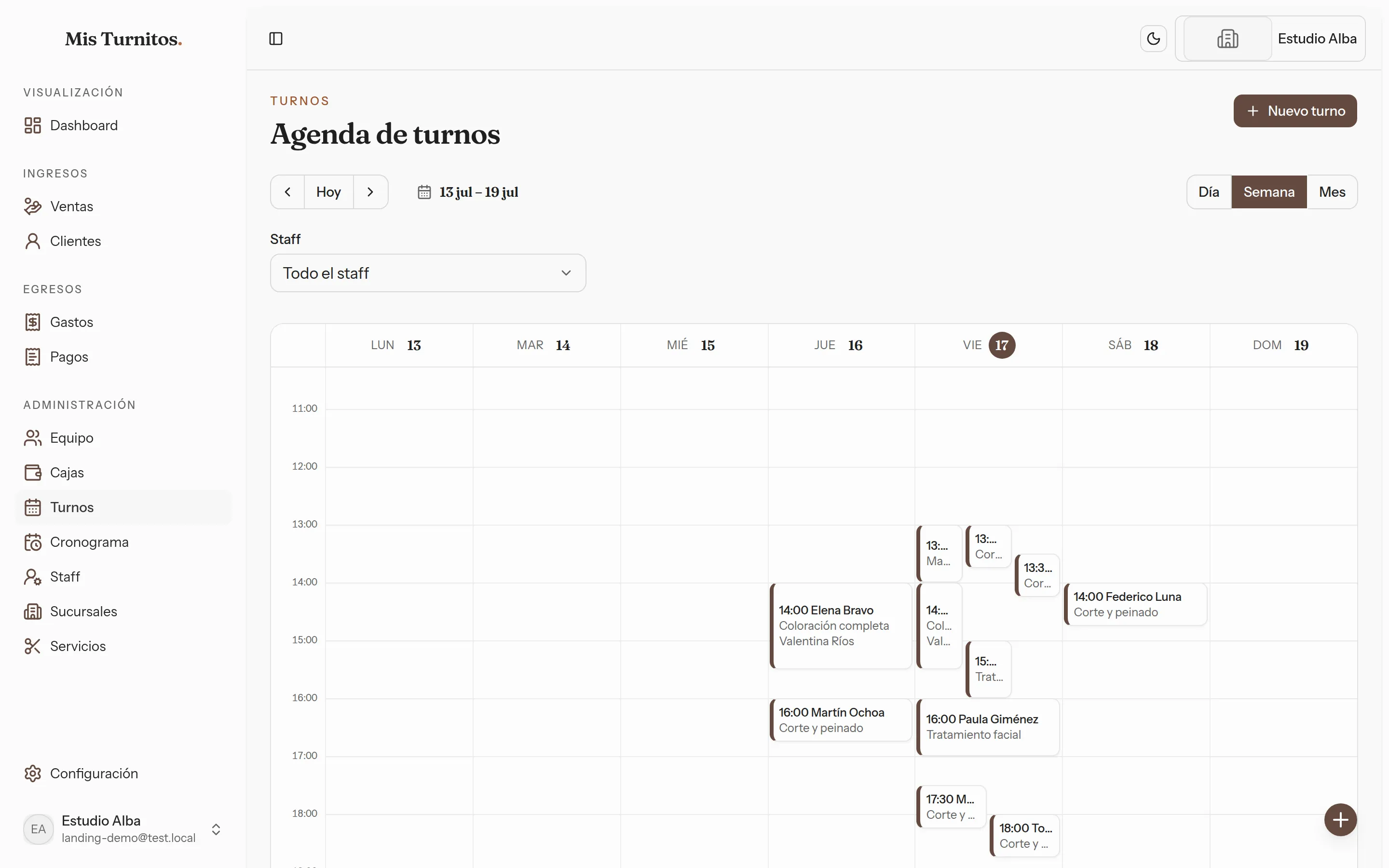 Agenda semanal de Mis Turnitos con los turnos de todo el equipo