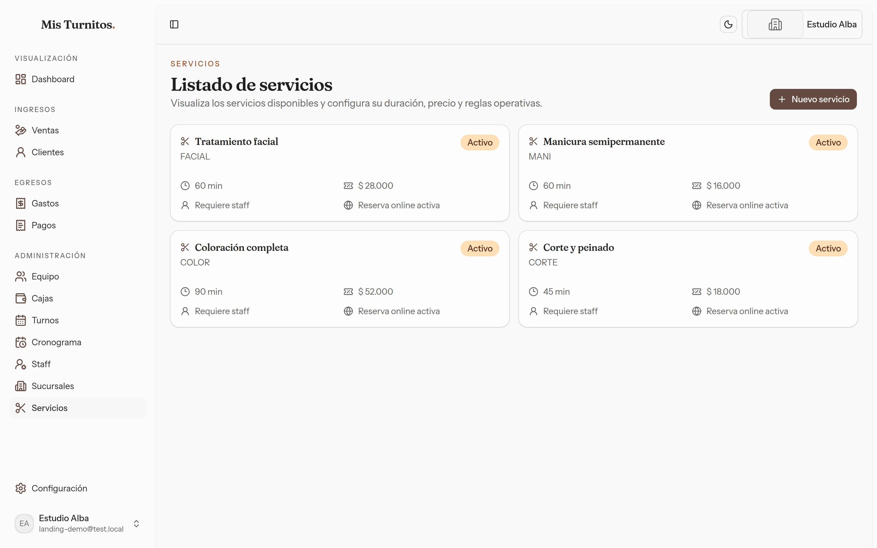 Listado de servicios del negocio