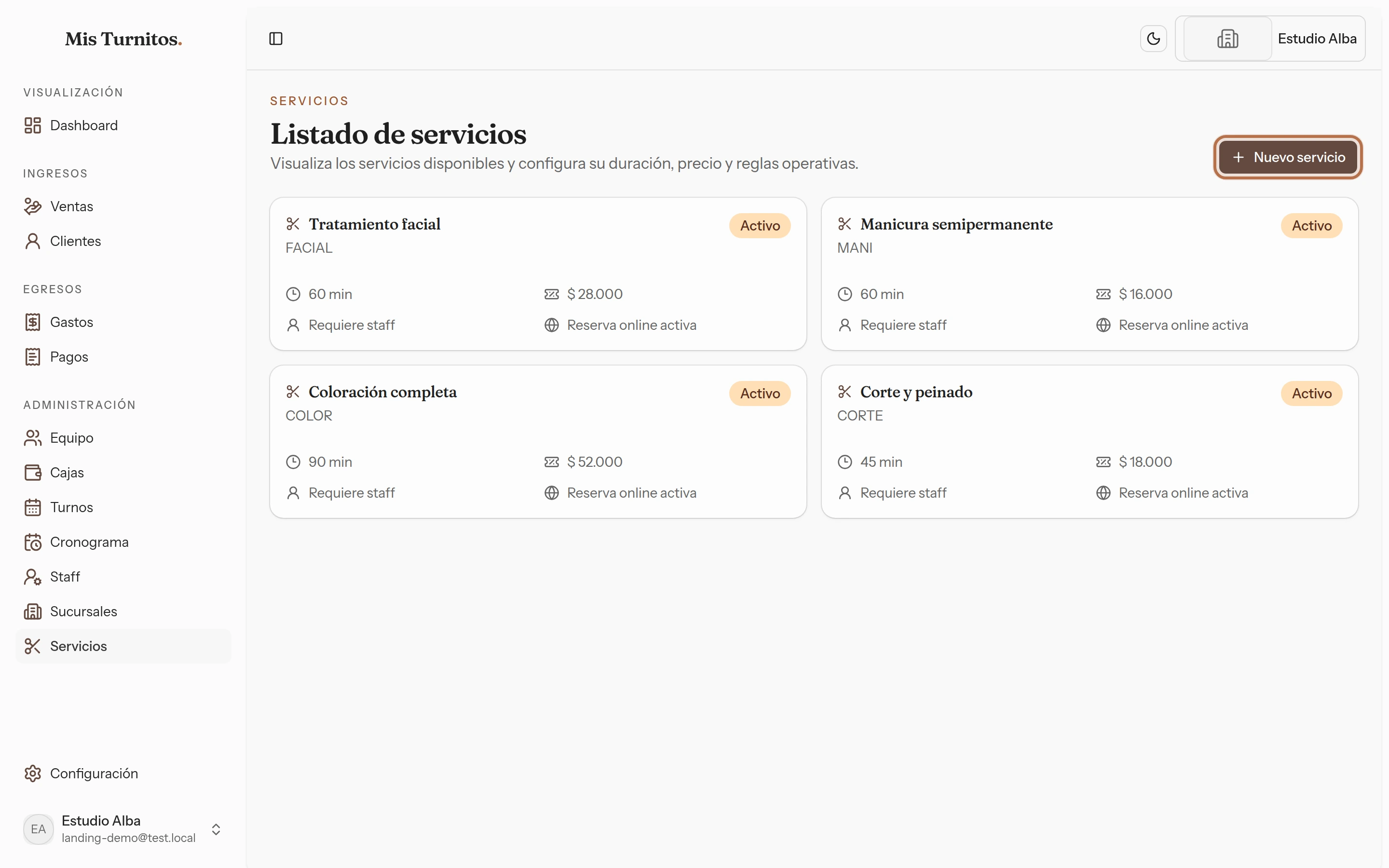 Listado de servicios con el botón Nuevo servicio resaltado