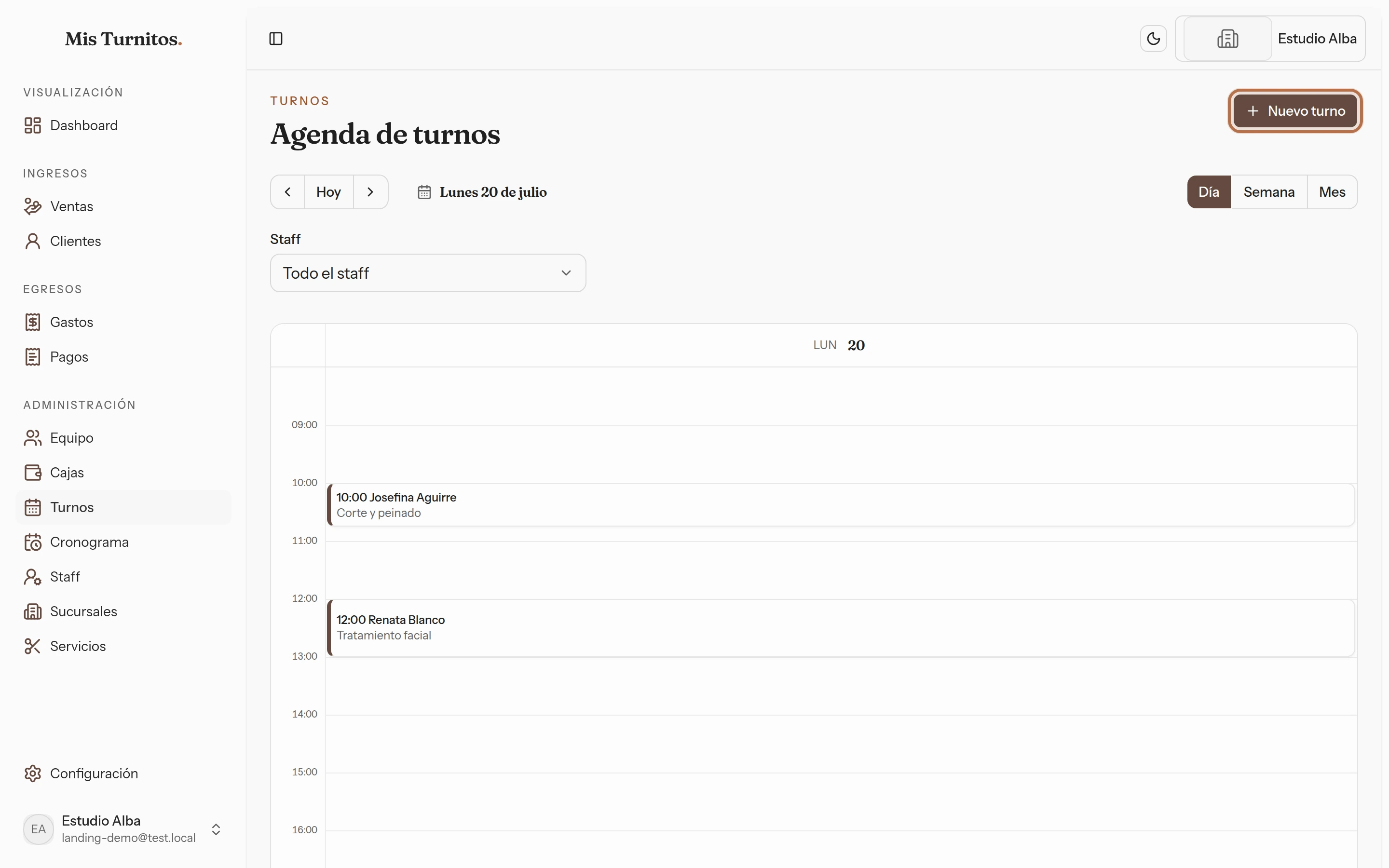 Agenda de turnos con el botón Nuevo turno resaltado