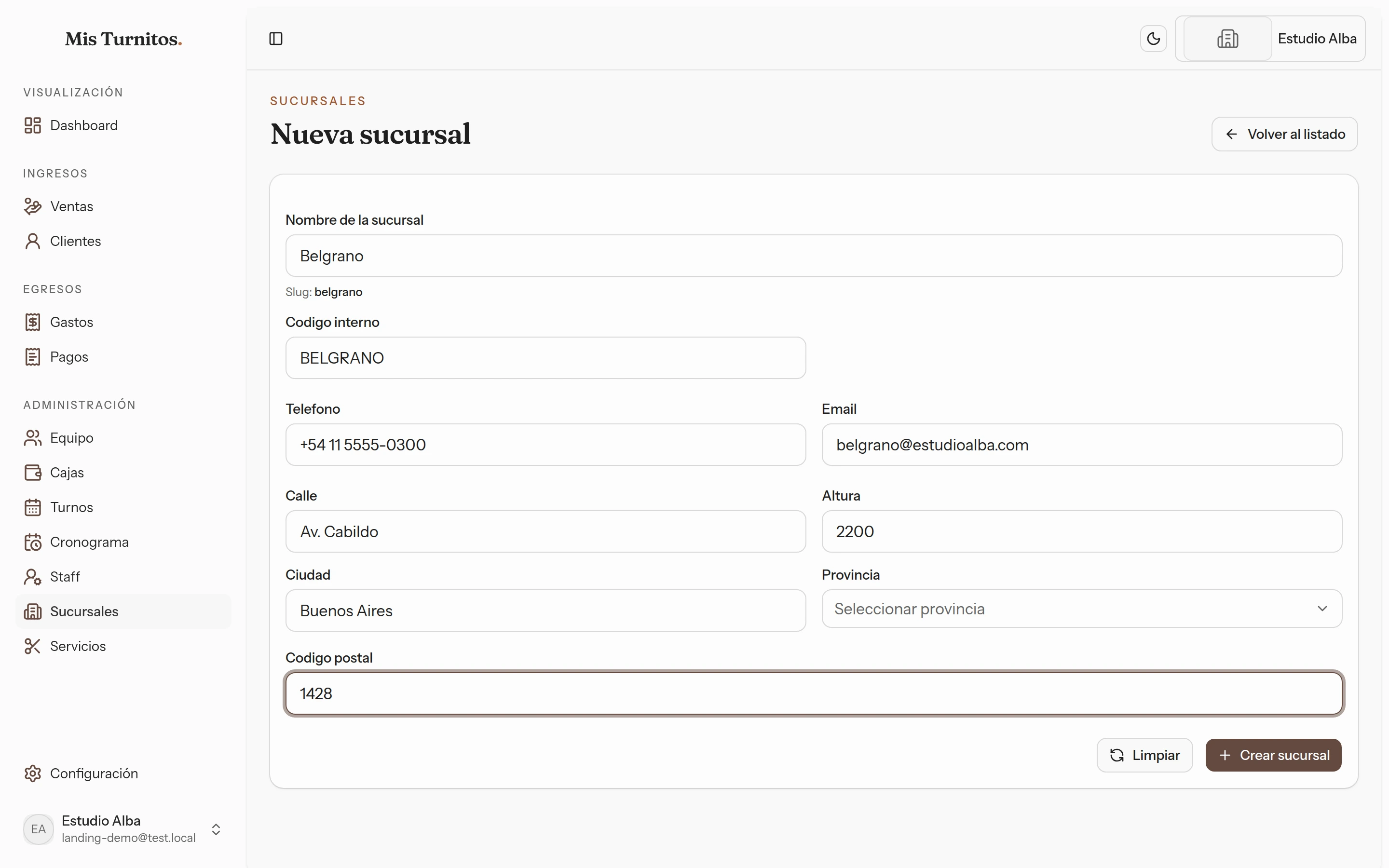 Formulario de nueva sucursal