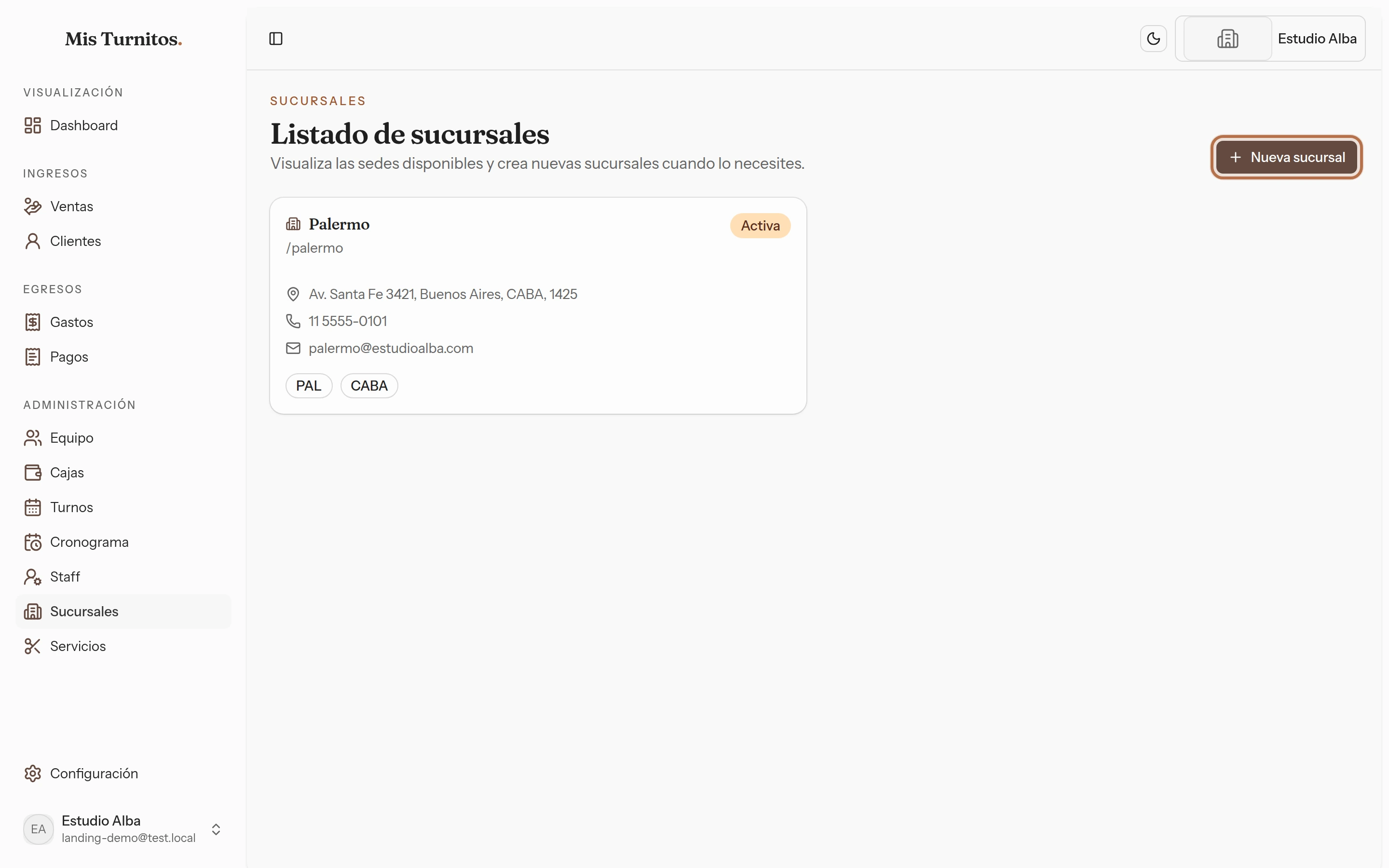Listado de sucursales con el botón Nueva sucursal resaltado