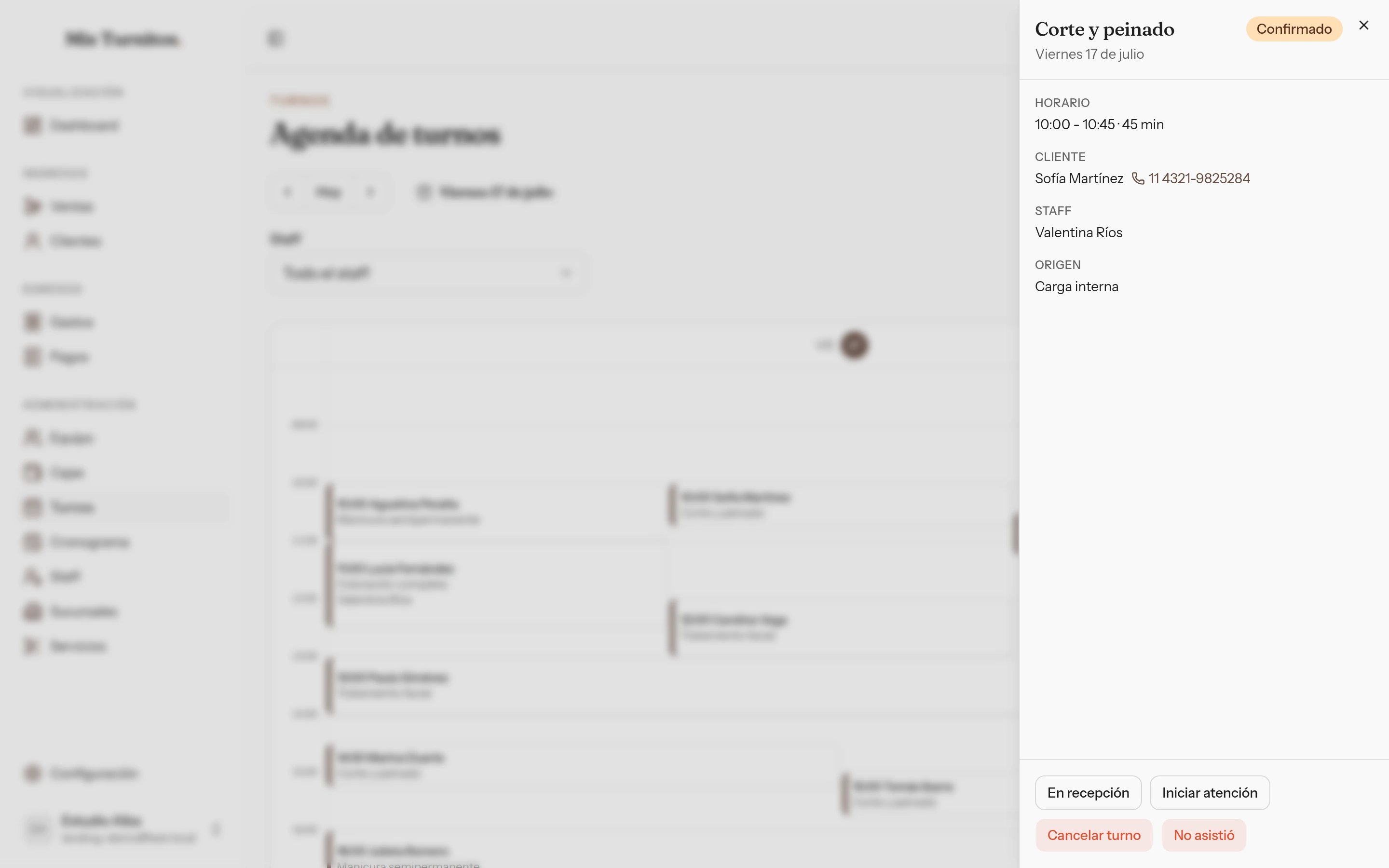 Detalle de un turno con sus acciones de estado