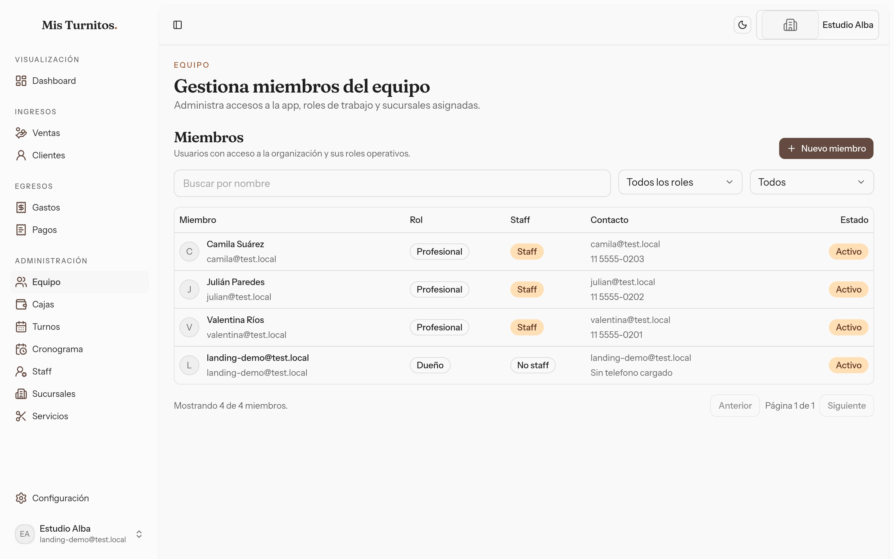 El equipo con sus roles asignados
